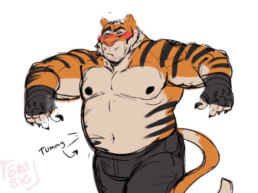 4_fingers anthro belly black_nipples black_stripes blush claws clothed clothing fingerless_gloves fingers fur gloves handwear looking_down male musclegut muscular muscular_anthro muscular_male navel nipples orange_body orange_fur pecs pink_nose raised_arms simple_background solo striped_body striped_fur stripes text topless topless_male white_background yellow_sclera said_the_saisio epic_games fortnite oscar_(fortnite) felid mammal pantherine tiger 4:3 absurd_res english_text hi_res