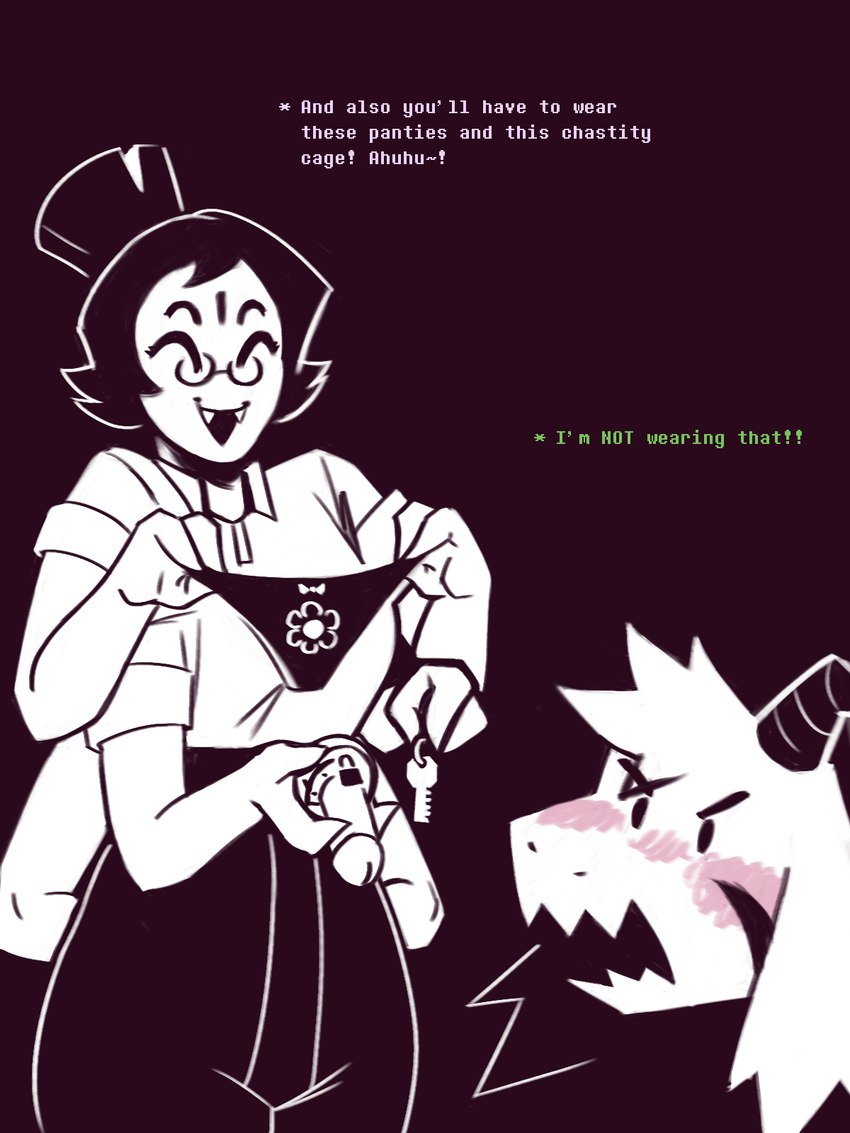 alternate_universe anthro blush boss chastity_cage chastity_device clothed clothing crossdressing duo embarrassed female femboy key larger_male maid_uniform male male/female panties size_difference smaller_female text underwear uniform dracozhilla underswap undertale undertale_(series) asriel_dreemurr muffet muffet_(underswap) arachnid arthropod boss_monster_(undertale) spider 3:4 comic english_text hi_res sketch