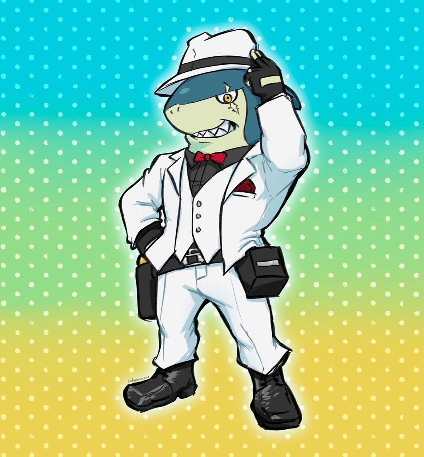 anthro blue_body blue_skin clothing fin fingerless_gloves formal_wear gloves gradient_background handwear male scar simple_background smile solo standing suit topwear white_clothing white_suit white_topwear dynogreeno level-5 yo-kai_watch indiana_jaws_(yo-kai_watch) fish marine shark hi_res