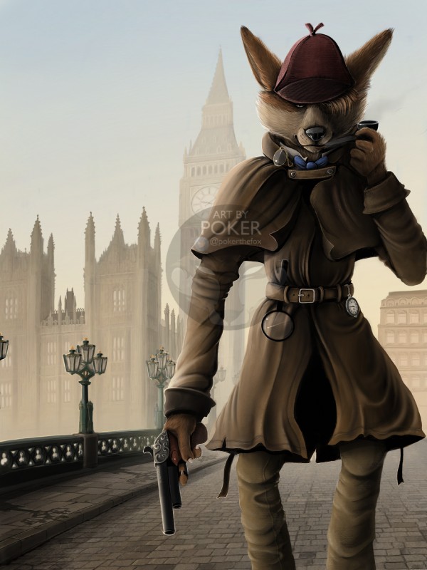 anthro belt bow_(feature) bow_tie brown_body brown_fur clock clock_tower clothed clothing coat detective eyewear fur gun hat headgear headwear landmark london looking_at_viewer magnifying_glass monocle palace_of_westminster pipe ranged_weapon smoking solo standing sunset tan_body tan_fur topwear united_kingdom victorian vintage weapon poker_(artist) sherlock_hound_(series) sherlock_hound canid canine canis domestic_dog herding_dog mammal pastoral_dog welsh_corgi 2019 3:4 digital_media_(artwork) hi_res watermark