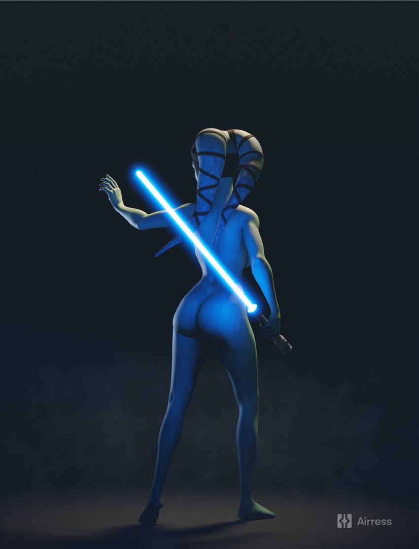 back_boob blue_body blue_lightsaber blue_skin breasts butt feet female headgear holding_object holding_weapon lekku_(anatomy) lightsaber melee_weapon not_furry nude pose rear_view reverse_grip solo spots weapon airress3d star_wars aayla_secura alien alien_humanoid humanoid twi'lek 2023 3d_(artwork) absurd_res digital_media_(artwork) hi_res