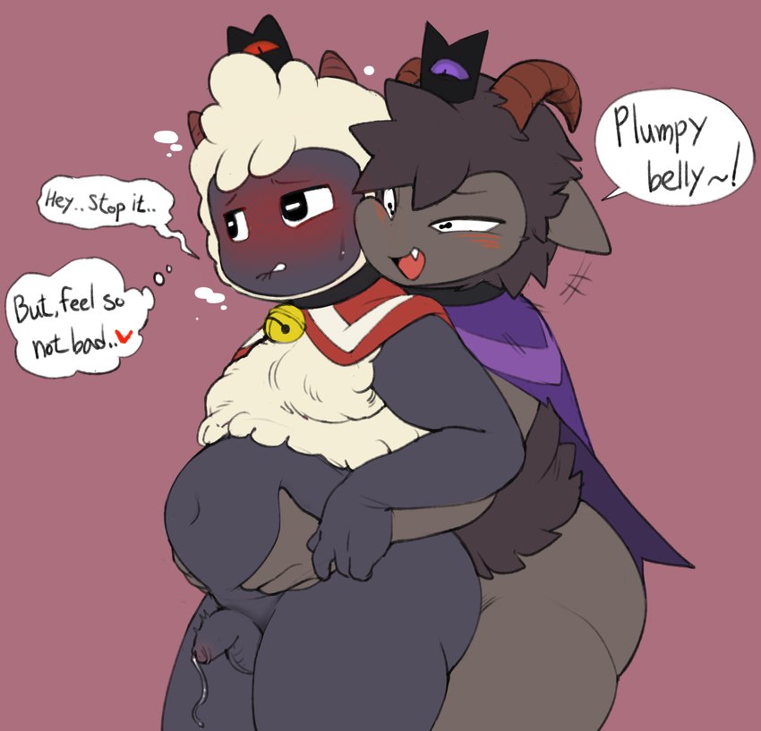 2_horns anthro balls bell bell_collar belly belly_grab belly_play big_belly bite biting_lip black_body black_eyes black_fur black_skin black_wool blush blush_lines bodily_fluids brown_horn cape clothing collar crown curved_horn cute_fangs duo fangs flaccid fur genital_fluids genitals hand_on_another's_belly hand_on_belly head_tuft headgear horizontal_pupils horn male male/male overweight overweight_male penis precum pupils speech_bubble teeth text tuft white_body white_fur white_wool wool_(fur) pururing cult_of_the_lamb massive_monster_(studio) goat_(cult_of_the_lamb) lamb_(cult_of_the_lamb) purple_crown_(cult_of_the_lamb) red_crown_(cult_of_the_lamb) bovid caprine goat mammal sheep english_text hi_res