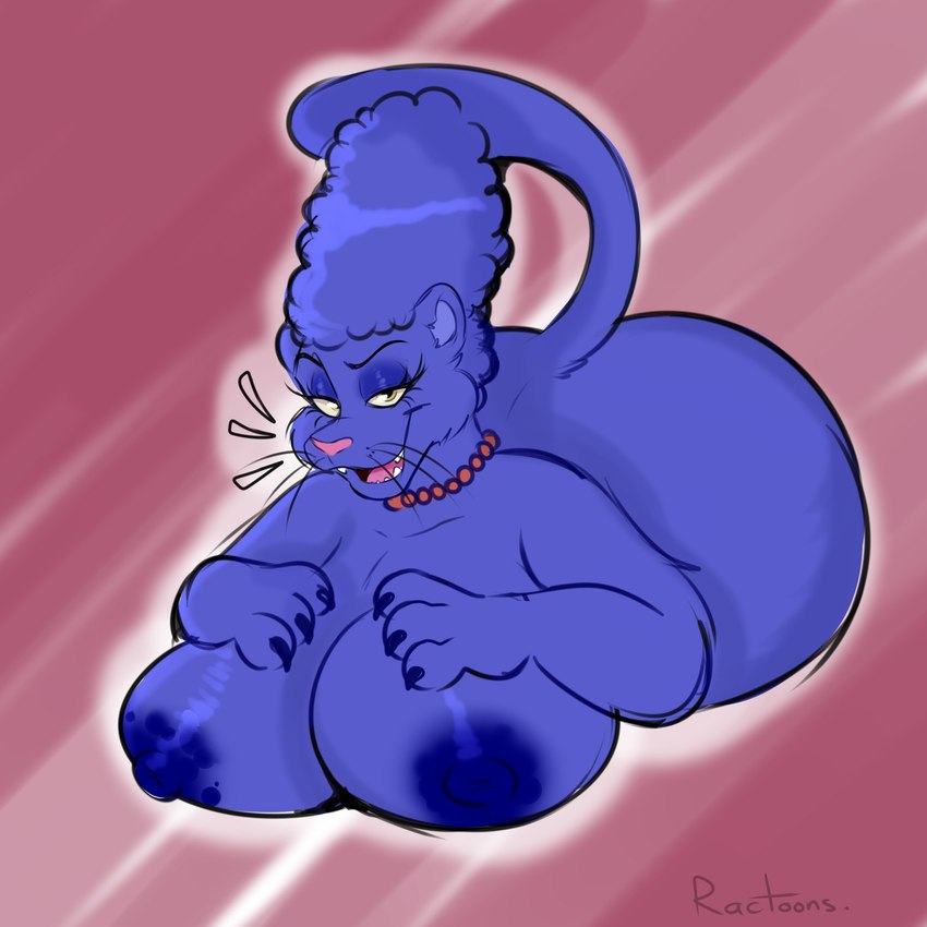 3_fingers abstract_background alternate_species anthro areola arm_tuft bedroom_eyes beehive_(hairstyle) bent_arm big_areola big_breasts big_nipples biped black_whiskers blue_body blue_breasts blue_claws blue_ears blue_eyeshadow blue_fur blue_inner_ear blue_nipples blue_tail breast_rest breasts cheek_tuft claws dark_areola dark_claws dark_nipples eyelashes eyeshadow facial_tuft fangs female finger_claws fingers fur fur_tuft furrification gem glistening glistening_areola glistening_breasts glistening_eyelids glistening_eyes glistening_hair glistening_nipples green_eyes hair half-closed_eyes hand_on_breast hands_on_own_breasts huge_areola huge_nipples iris jewelry light_body light_breasts light_ears light_fur light_hair light_inner_ear light_nose light_tail light_tongue long_eyelashes looking_at_viewer lying makeup mature_anthro mature_female monotone_body monotone_fur monotone_hair monotone_tail narrowed_eyes necklace necklace_only nipples nude nude_anthro nude_female on_front open_mouth open_smile outline pearl_(gem) pearl_necklace pink_nose pink_tongue puffy_nipples pupils red_jewelry red_necklace seductive short_hair smile smiling_at_viewer snout solo tail teeth three-quarter_view tongue tuft whisker_spots whiskers white_outline ractoons the_simpsons treehouse_of_horror cat_marge marge_simpson felid mammal pantherine 1:1 2024 absurd_res artist_name digital_drawing_(artwork) digital_media_(artwork) full-length_portrait hi_res portrait