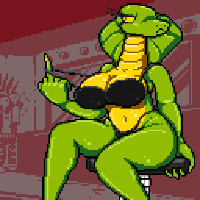 anthro bra breasts clothed clothing eyelashes female gesture green_body hand_gesture middle_finger navel_outline panties pixelated snake_hood solo thick_thighs underwear yellow_body yellow_eyes insaniousjaydonius tula_(insaniousjaydonius) reptile scalie snake 1:1 digital_media_(artwork) hi_res pixel_(artwork)