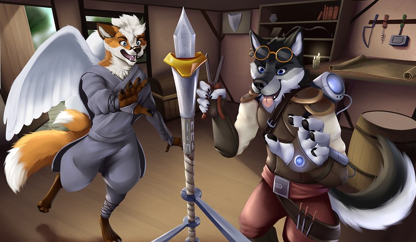 anthro artificer duo magic magic_user male workshop jonas-puppeh dungeons_and_dragons hasbro wizards_of_the_coast awkore possumfox canid canine canis fox mammal wolf