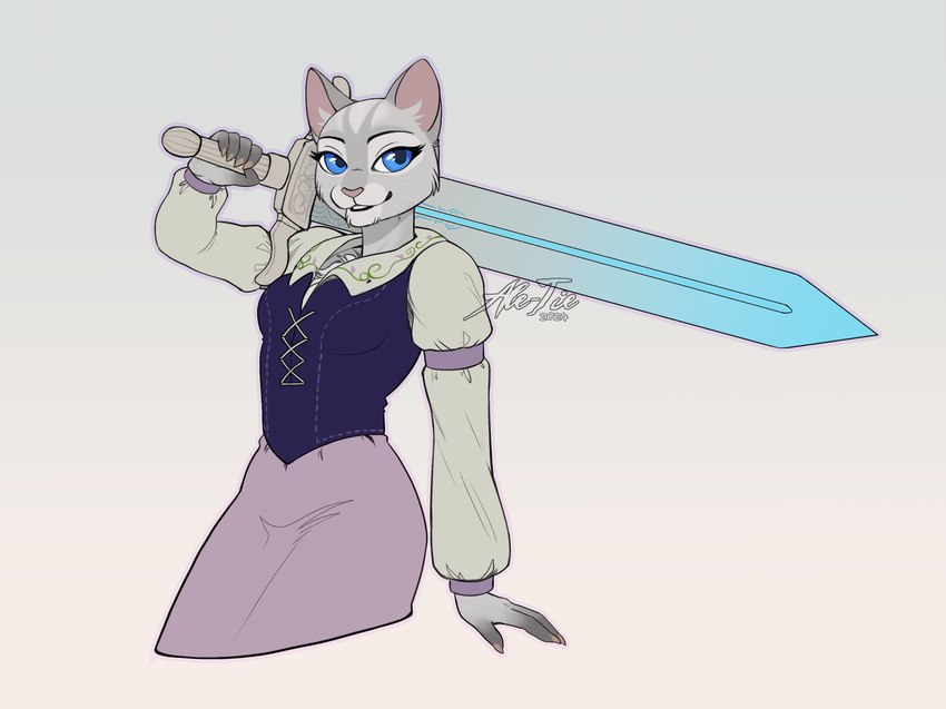 anthro blue_eyes clothed clothing dress female fur goodsword_(puss_in_boots) melee_weapon solo sword weapon white_body white_fur ale-tie dreamworks puss_in_boots_(franchise) dulcinea_(puss_in_boots) domestic_cat felid feline felis mammal hi_res