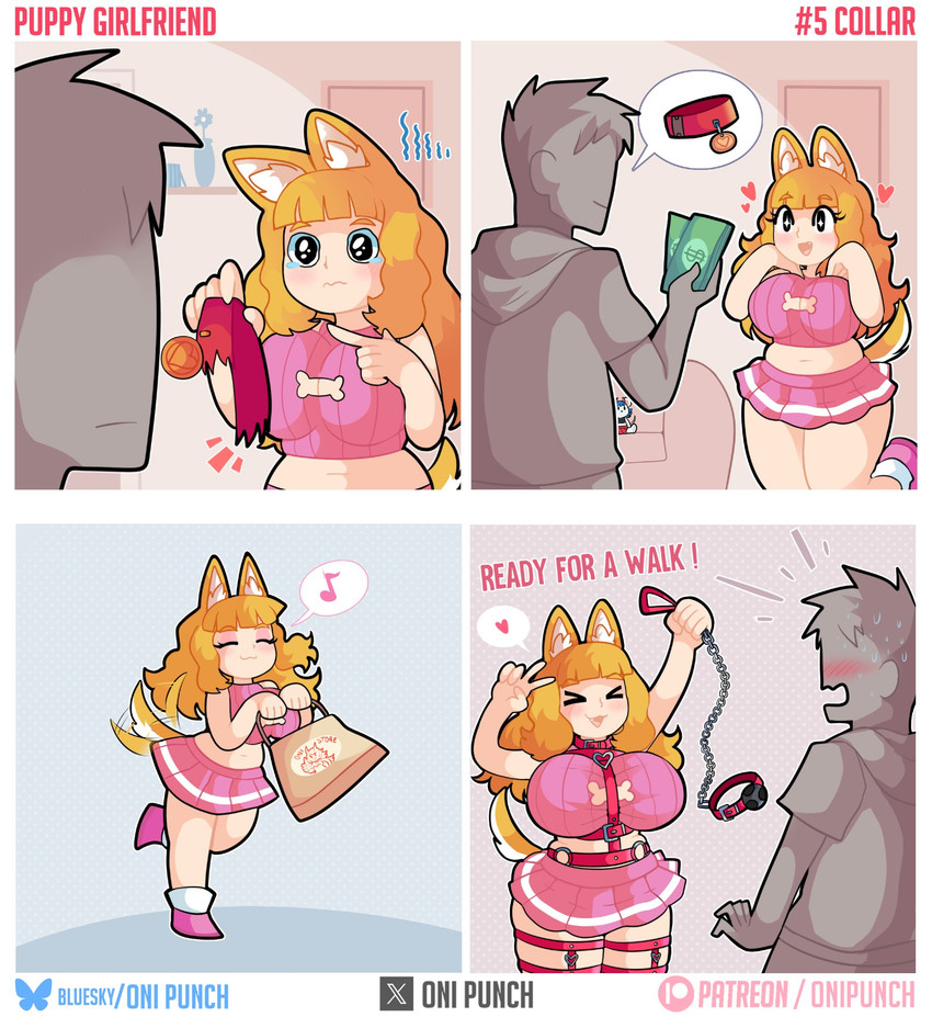 >_< ball_gag big_breasts blonde_hair blush bottomwear breasts clothing collar duo eyelashes eyes_closed faceless_character faceless_human faceless_male female gag hair inside leash male money open_mouth pink_bottomwear pink_clothing pink_skirt raised_tail red_collar sad skirt slightly_chubby slightly_chubby_female slightly_chubby_humanoid smile sparkles sparkling_eyes standing submissive submissive_female submissive_humanoid tail tail_motion tailwag text thick_thighs walking onigiri_punch animal_humanoid canid canid_humanoid canine canine_humanoid dog_humanoid human humanoid mammal mammal_humanoid comic english_text hi_res