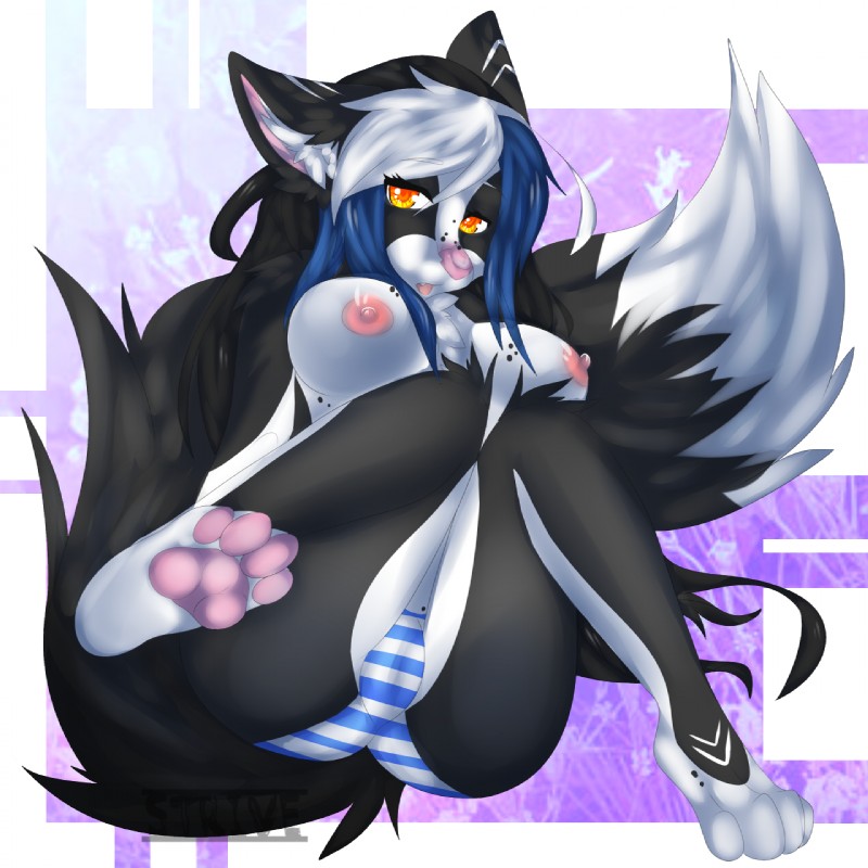 4_toes abstract_background anthro big_tail black_body black_fur black_hair blue_hair breasts chest_tuft clothed clothing feet female fur hair hindpaw looking_at_viewer multicolored_body multicolored_fur multicolored_hair nipples pawpads paws simple_background skimpy solo tail toes topless tuft two_tone_body two_tone_fur white_body white_fur white_hair strive canid canine fox mammal 1:1 hi_res