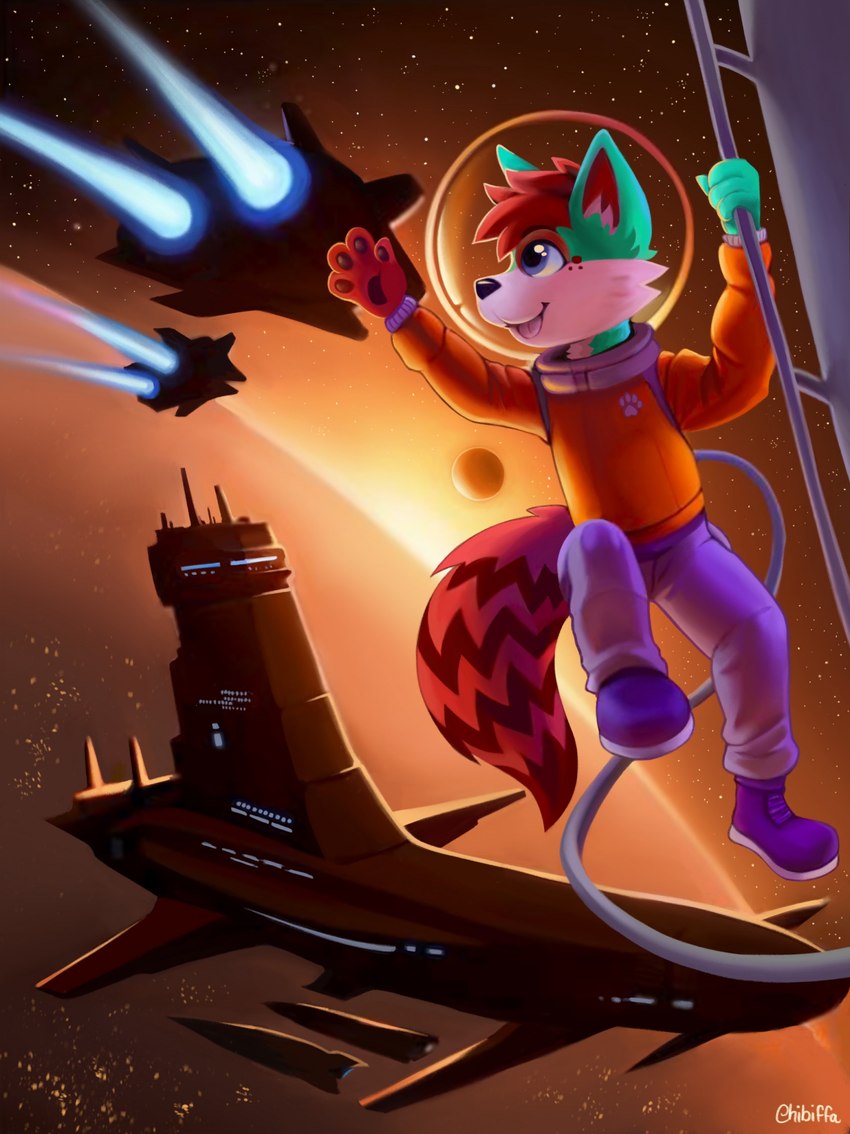 anthro belt boots bottomwear clothed clothing cosmic_background footwear fur green_body green_fur hair male moon pants planet red_body red_fur shoes smile smiling_at_another solo space space_background space_helmet space_station spacecraft spacesuit star vehicle chibiffa canid canine canis mammal wolf 2024 colored digital_drawing_(artwork) digital_media_(artwork) hi_res shaded signature