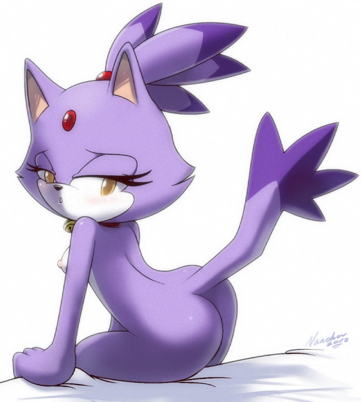 amber_eyes anthro blush breasts butt collar female hair looking_at_viewer looking_back nipples nude purple_body purple_hair simple_background solo tail white_background nancher sega sonic_the_hedgehog_(series) blaze_the_cat domestic_cat felid feline felis mammal 2012