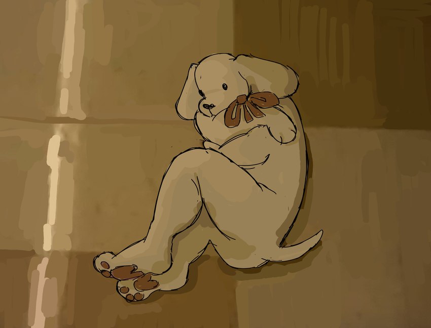 3_fingers 3_toes ambiguous_gender anthro bent_legs black_eyes black_nose bow_ribbon brown_bow brown_pawpads curled_up dot_eyes feet fingers floor floppy_ears fur handpaw light lying lying_on_ground nude_ambiguous nude_anthro on_ground on_side pawpads paws solo tail tile tile_floor toes white_body white_fur white_tail flockdog pathetic_dog_christmas_ornament canid canine canis domestic_dog mammal 2025 absurd_res colored digital_drawing_(artwork) digital_media_(artwork) english_description hi_res lighting shaded