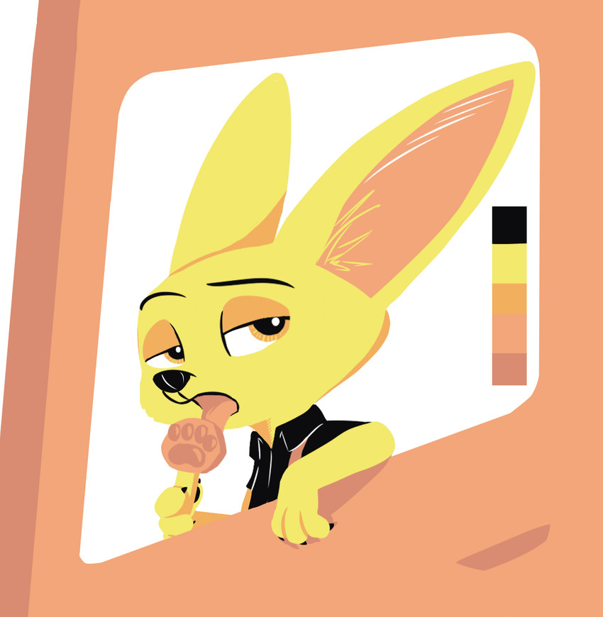 anthro clothed clothing food fur holding_food holding_object inner_ear_fluff licking male pawpsicle popsicle shirt solo tongue tongue_out topwear tuft yellow_body yellow_fur theblueberrycarrots disney zootopia finnick_(zootopia) canid canine fennec_fox fox mammal true_fox hi_res restricted_palette