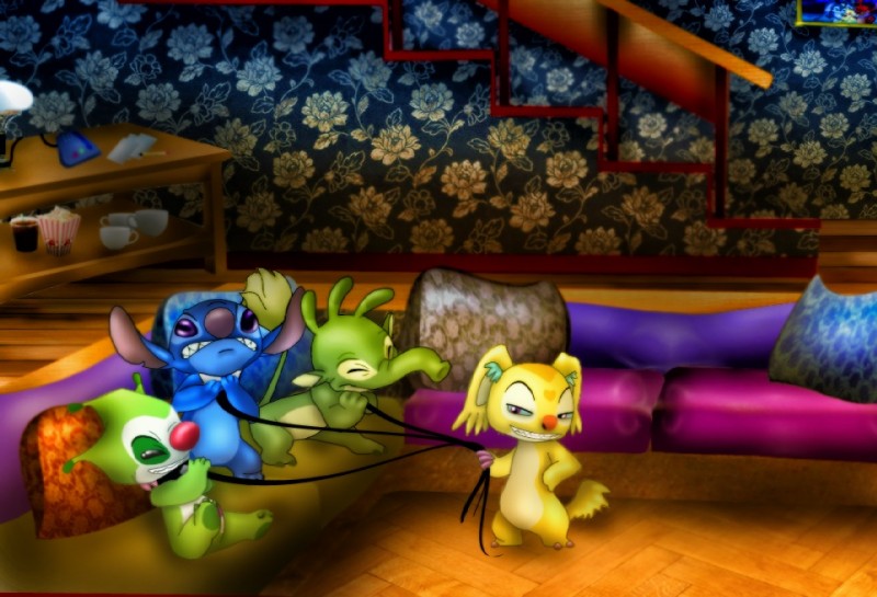 ambiguous_gender anthro blue_body collar furniture green_body group inside leash ruff_(clothing) sofa struggling yellow_body amegared disney lilo_and_stitch stitch! bragg_(stitch!) elastico felix_(lilo_and_stitch) stitch_(lilo_and_stitch) alien canid canine canis domestic_dog experiment_(lilo_and_stitch) mammal 2015 better_version_at_source