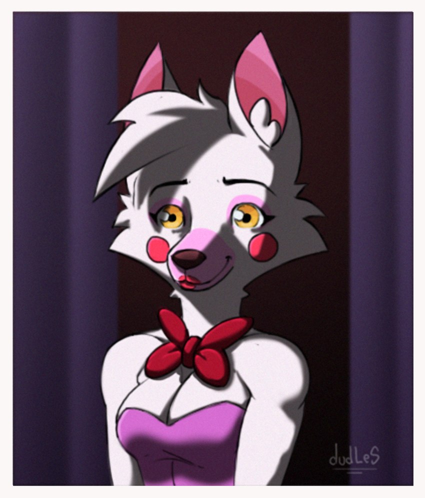 anthro black_eyebrows border bow_tie breasts cheek_markings cheek_tuft cleavage closed_smile clothed clothing crop_top curtains eyebrows eyelashes facial_markings facial_tuft female fur hair head_markings inner_ear_fluff inside lips markings mouth_closed multicolored_body multicolored_fur pink_body pink_clothing pink_crop_top pink_fur pink_inner_ear pink_shirt pink_topwear purple_curtains red_bow_tie red_lips shirt short_hair smile solo standing topwear tuft white_body white_border white_fur white_hair white_inner_ear_fluff yellow_eyes dudles five_nights_at_freddy's five_nights_at_freddy's_2 scottgames mangle_(fnaf) canid canine fox mammal 2024 artist_name colored digital_drawing_(artwork) digital_media_(artwork) hi_res shaded simple_shading