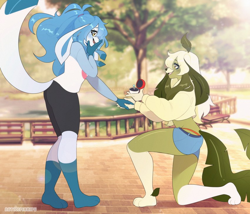 anthro bench duo female female/female on_knee park park_bench plant proposal ring ring_(jewelry) romantic romantic_couple tree pinkipu nintendo pokemon eeveelution generation_4_pokemon glaceon leafeon pokemon_(species) hi_res