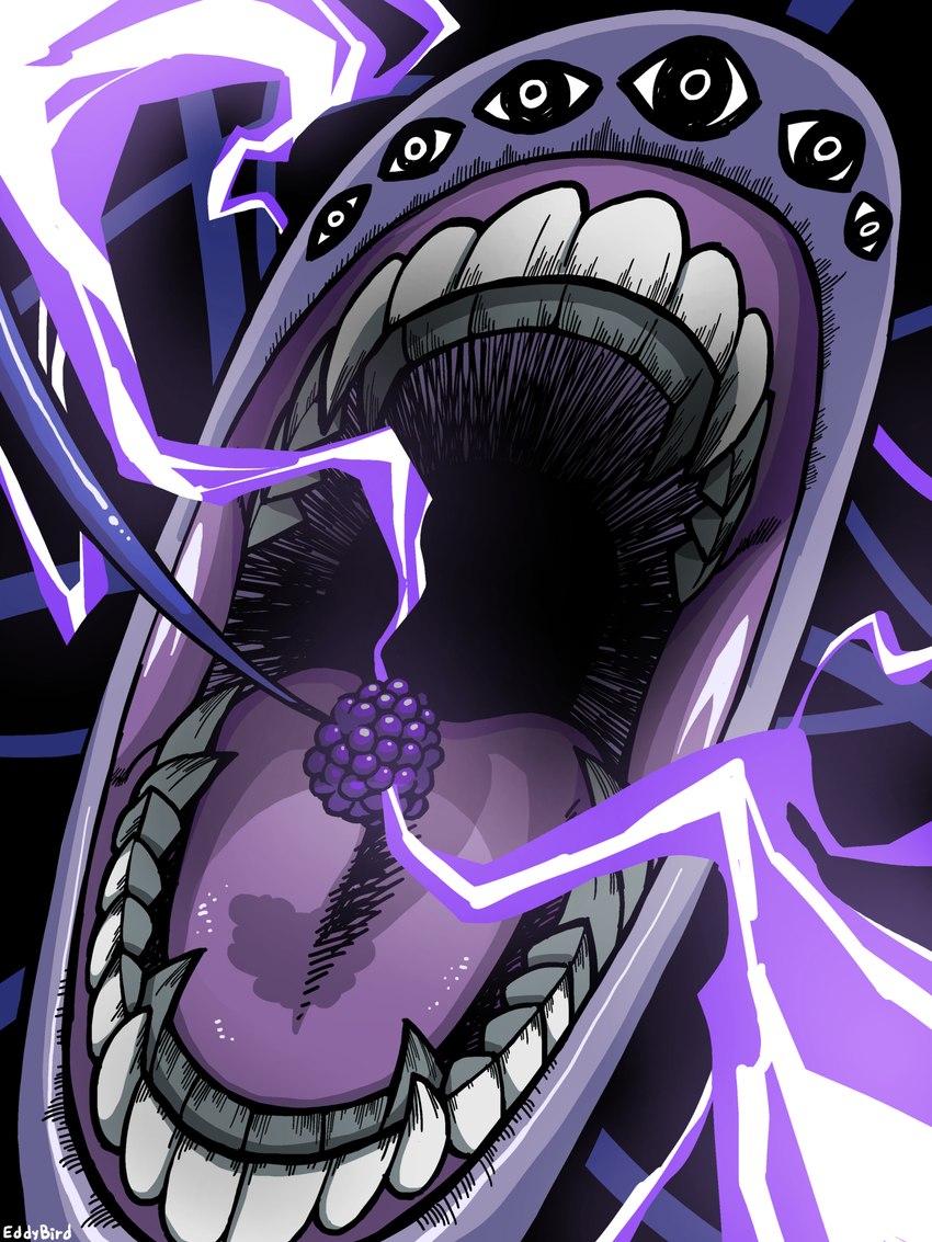 6_eyes ambiguous_gender black_background black_eyes bokbunja eating electricity fangs food front_view fruit looking_at_viewer mouth_shot multi_eye multi_teeth not_furry open_mouth plant purple_body purple_electricity purple_mouth purple_tongue raspberry sharp_teeth simple_background solo teeth text tongue white_text eddybird sciptember scp_foundation scp-2682 elemental_creature flora_fauna food_creature humanoid living_fruit pattern_screamer 2021 3:4 absurd_res artist_name colored digital_drawing_(artwork) digital_media_(artwork) hi_res portrait restricted_palette