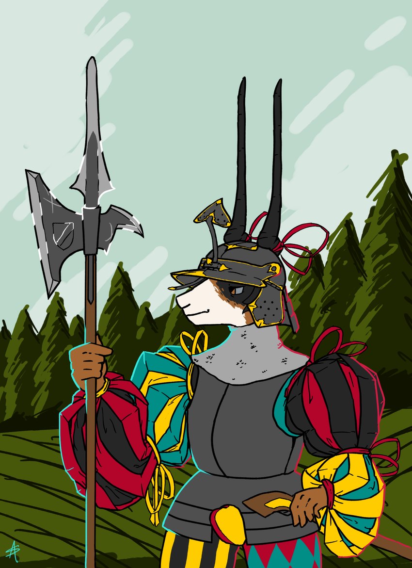 ambiguous_gender anthro armor arquebus black_body black_fur brown_body brown_fur calico_pattern chainmail chainmail_coif clothed clothing cuirass forest forest_background fur gun halberd headgear helmet horn landsknecht livery long_horn melee_weapon mercenary nature nature_background plant polearm ranged_weapon solo standing tree weapon white_body white_fur zischaegge appelsaus constance_(appelsaus) bovid caprine goat mammal 2023 absurd_res digital_media_(artwork) hi_res portrait