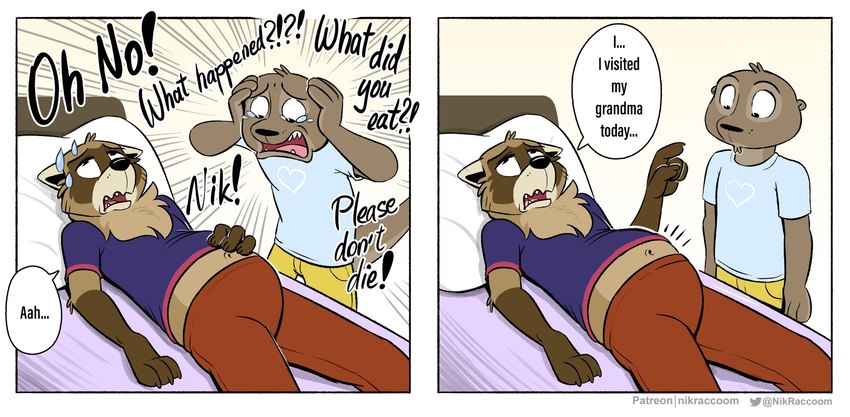 anthro bed belly bloated bottomwear brown_body brown_fur clothed clothing dialogue duo fur furniture humor lying male male/male navel on_back on_bed open_mouth pants shirt shorts simple_background speech_bubble standing tail tank_top text topwear nikraccoom felix_(nik159) nik_(nik159) canid canine mammal mustelid otter procyonid raccoon comic digital_media_(artwork) english_text hi_res one_page_comic