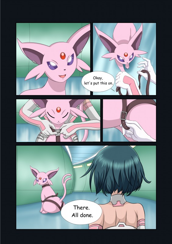 ambiguous_gender female feral straps text sugarnhoney nintendo pokemon eeveelution espeon generation_2_pokemon human mammal pokemon_(species) absurd_res comic english_text hi_res