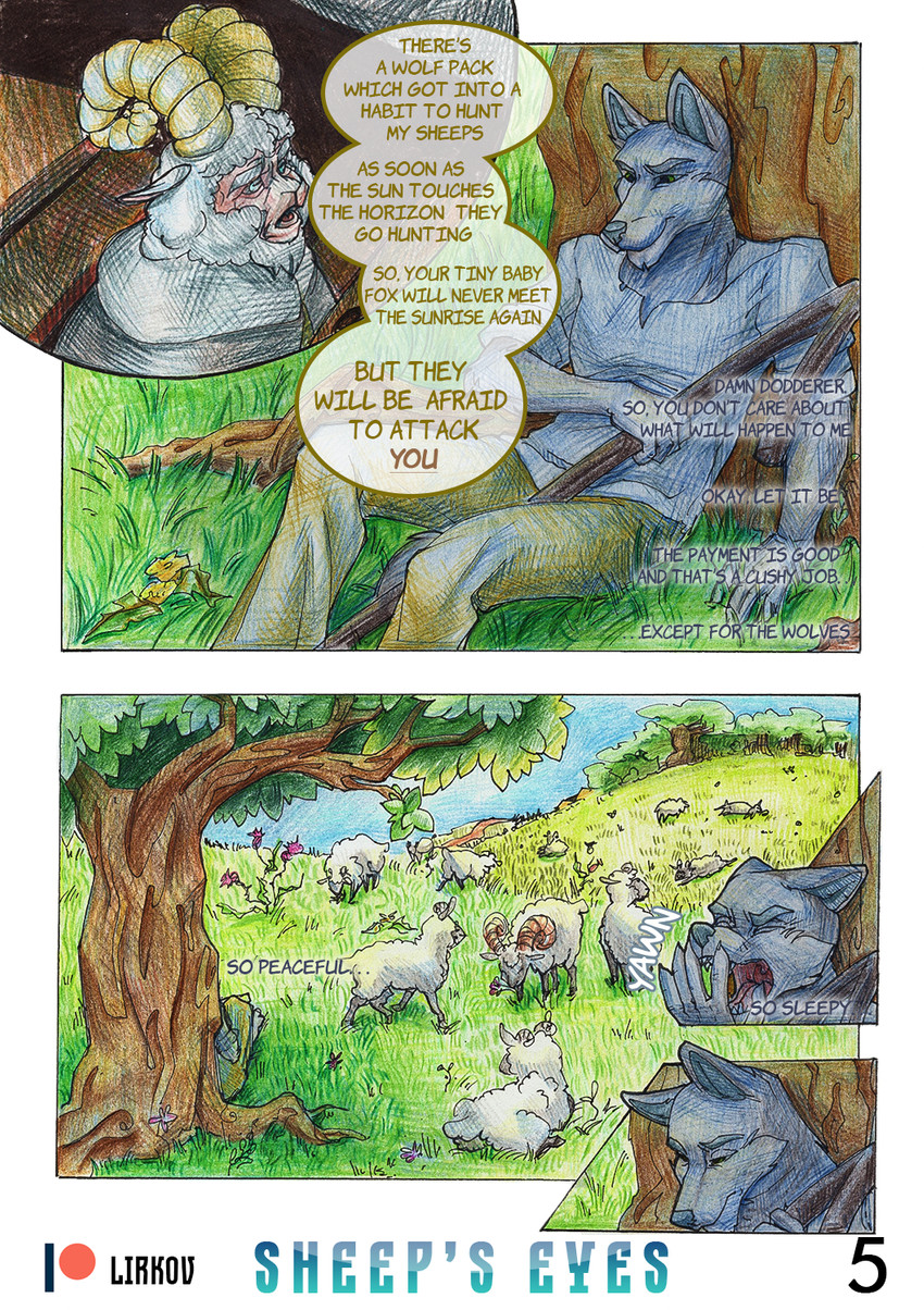 anthro clothed clothing detailed_background dialogue feral forest fur group horn male open_mouth outside plant text tree lirkov bovid bovine canid canine canis caprine mammal sheep wolf 2020 comic english_text hi_res traditional_media_(artwork)