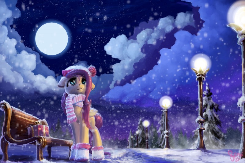 blue_eyes clothing detailed_background eyelashes female feral moon night outside scarf sky smile solo star starry_sky nemo2d friendship_is_magic hasbro my_little_pony fluttershy_(mlp) equid mammal 3:2 digital_media_(artwork) digital_painting_(artwork) hi_res painting_(artwork)