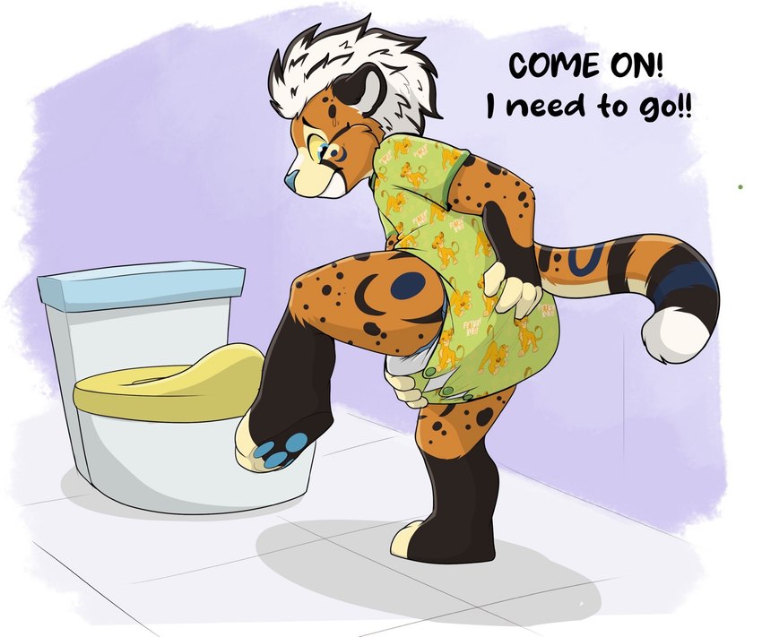 anthro bathroom clothed clothing diaper filling_up implied_messy_diaper male onesie potty_chair solo wearing_diaper worried worried_look young young_anthro young_male baltnwolf basil_(basilchee) cheetah felid feline king_cheetah mammal hi_res