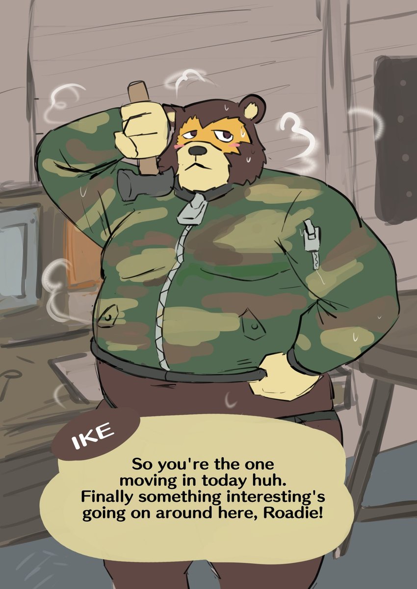 anthro belly bodily_fluids brown_body brown_fur brown_nose detailed_background dialogue fur hammer header header_box humanoid_hands inside male navel overweight overweight_male solo sweat text text_box tools hickeybickeyboo animal_crossing nintendo ike_(animal_crossing) bear mammal 2021 english_text hi_res