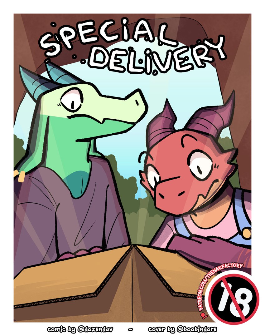 ambiguous_gender anthro box cardboard cardboard_box cave clothing container duo green_body green_scales horn overalls patreon_logo plant red_body red_scales scales sky text dozendav dubindore mythology patreon feezle_(dozendav) motch_(dozendav) dragon kobold mythological_creature mythological_scalie scalie 2023 colored comic cover cover_art cover_page hi_res url watermark