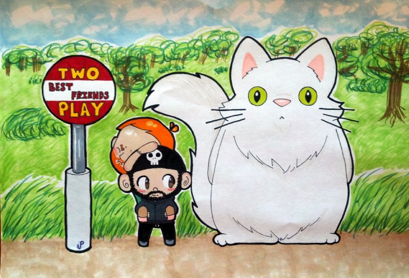 blue_sky bus_stop cloud duo group male not_furry plant sky tree ultrapancake ghibli my_neighbor_totoro totoro_bus_stop two_best_friends_play matt_(two_best_friends_play) pat_(two_best_friends_play) zach_the_cat_(two_best_friends_play) domestic_cat felid feline felis human mammal turkish_angora