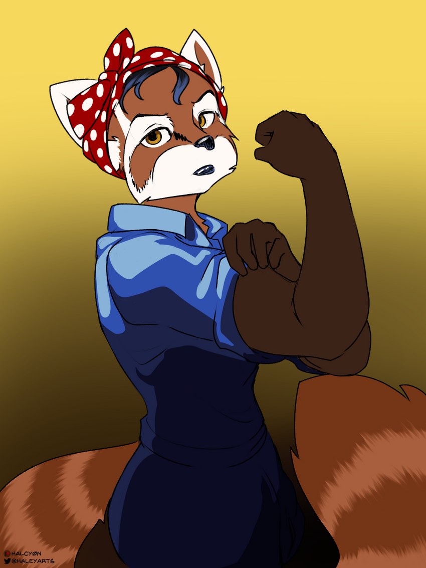 anthro black_nose blue_clothing brown_body brown_fur clothing female fur headgear headkerchief headwear kerchief looking_at_viewer markings simple_background solo striped_markings striped_tail stripes tail tail_markings halcy0n we_can_do_it! ailurid mammal red_panda 2023 3:4 digital_media_(artwork) hi_res