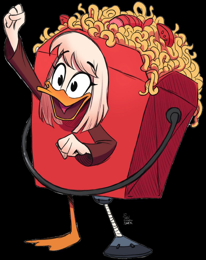 anthro chinese_food chinese_food_costume clothing costume female food food_costume solo standing fanzeem disney ducktales ducktales_(2017) della_duck anatid anseriform avian bird duck absurd_res alpha_channel hi_res