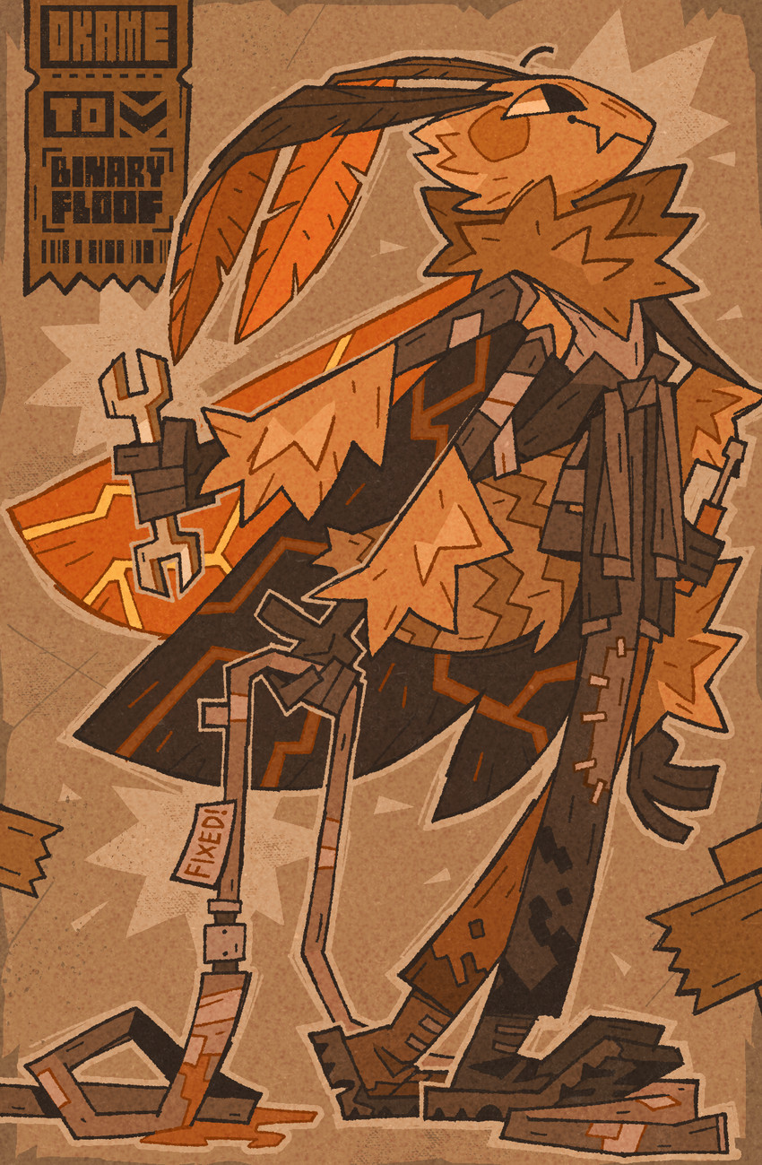 3_fingers antennae_(anatomy) anthro arthropod_abdomen black_sclera brown_body brown_fur clothed clothing fingers flesh_fang fur holding_object insect_wings kintsugi_(art) lepidopteran_wings looking_at_viewer neck_tuft screwdriver smile standing striped_body striped_fur stripes text tools tuft wings wrench nymphicus_hcus floof_(binaryfloof) arthropod insect lepidopteran moth english_text hi_res