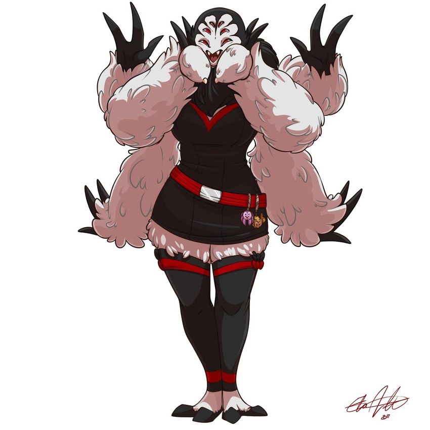 6_arms 6_eyes anthro belt black_body black_fur clothing fangs female fur legwear multi_arm multi_eye multi_limb pedipalps red_eyes simple_background solo stockings teeth white_background white_body white_fur lledra's_fanworks star_wars fan_character alien arachnid arthropod harch humanoid mygalomorph spider tarantula 1:1 character_request hi_res signature sketch