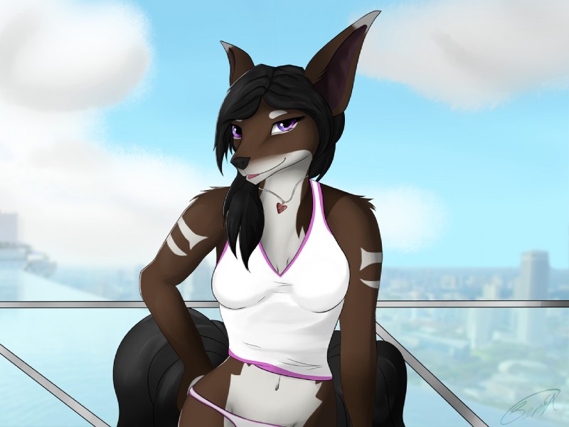 anthro biped clothed clothing female jewelry looking_at_viewer navel necklace outside smile solo standing sierraex sierra_(sierraex) canid canine fox mammal 4:3