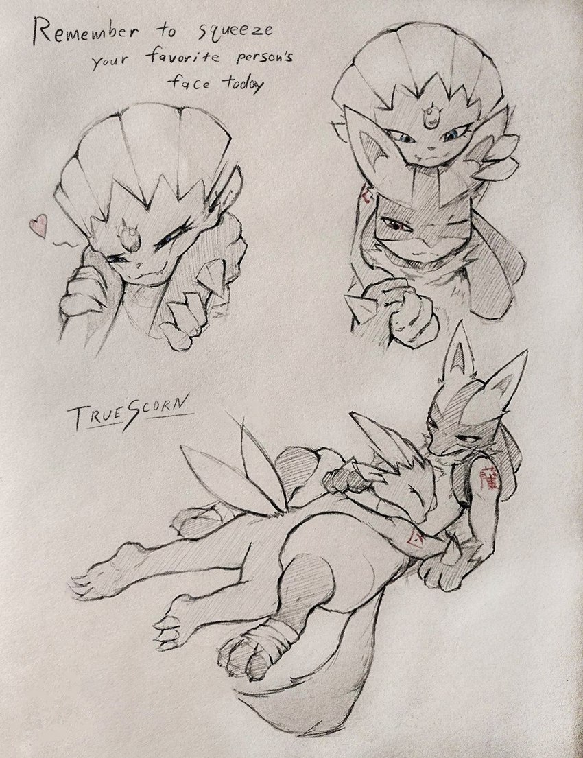 ambiguous_gender anthro bandage blue_eyes caressing_face claws duo eyelashes fangs finger_claws forehead_gem gem hand_holding heart_symbol hug lying_on_another narrowed_eyes one_eye_closed paws red_eyes simple_background tail teeth text truescorn nintendo pokemon generation_4_pokemon lucario pokemon_(species) weavile 2025 english_text hi_res signature