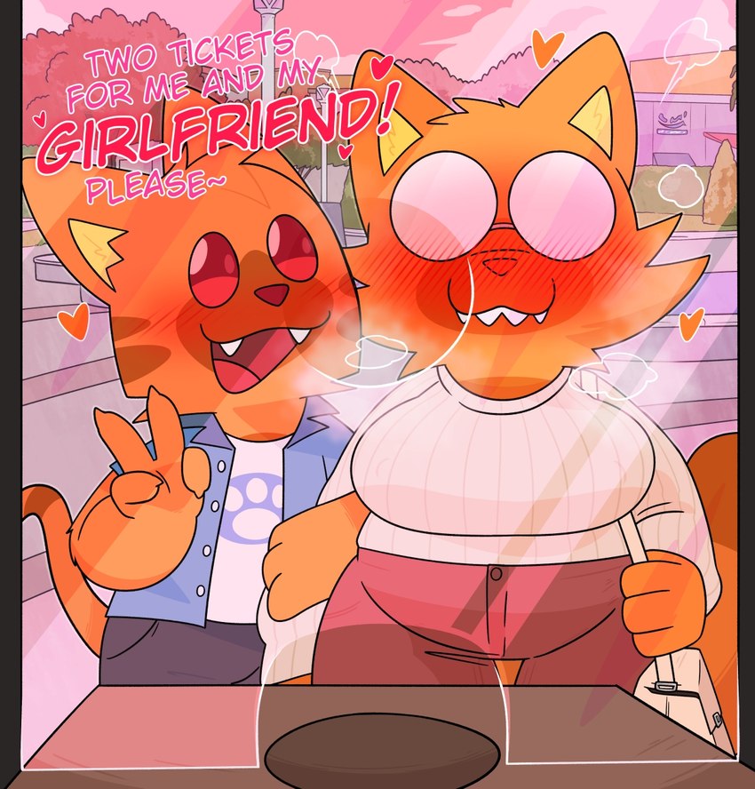 anthro big_breasts blushing_profusely breasts clothed clothing cute_fangs date dialogue entwined_arms eyewear fangs female first_person_view floating_heart front_view fully_clothed fur glasses holidays male male/female movie_theater no_pupils open_mouth orange_body orange_fur outside purse red_eyes round_glasses slightly_chubby slightly_chubby_anthro slightly_chubby_female standing sweater tail teeth text topwear crushpepper valentine's_day pepper_(crushpepper) perilla_(crushpepper) domestic_cat felid feline felis mammal english_text hi_res brother_(lore) brother_and_sister_(lore) incest_(lore) sibling_(lore) sister_(lore)