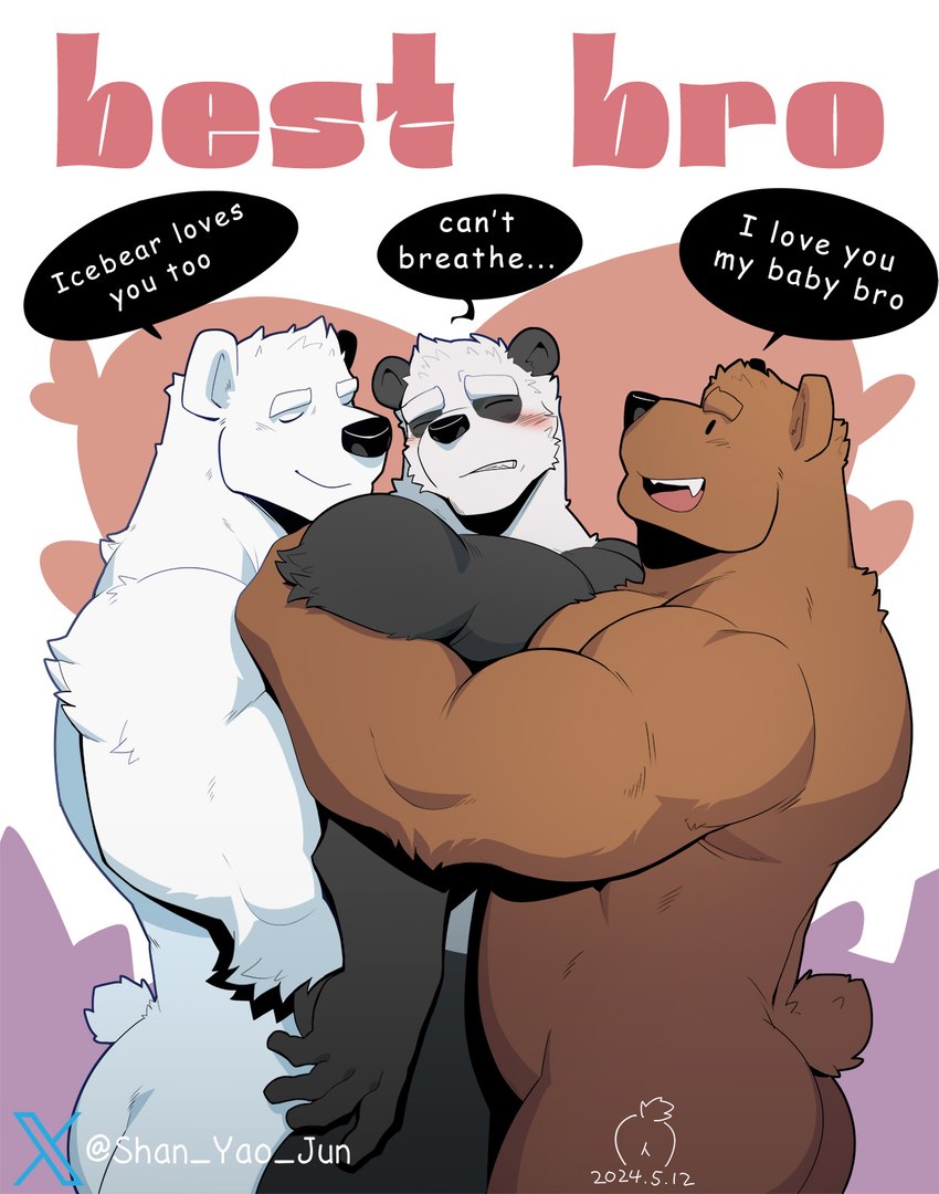 anthro barazoku bear_hug biceps big_muscles blush clenched_teeth dialogue dot_eyes eyebrows eyes_closed frown fur group heart_symbol hug kemono male male/male manwiched muscular muscular_anthro muscular_male nude open_mouth open_smile pecs sandwiched simple_background smile teeth text trio tuft shan_yao_jun cartoon_network we_bare_bears x_(social_media) x_corporation grizzly_(we_bare_bears) ice_bear_(we_bare_bears) panda_(we_bare_bears) bear brown_bear giant_panda grizzly_bear mammal polar_bear ursine 2024 dated english_text hi_res signature adopted_(lore) adoptive_brother_(lore) adoptive_brothers_(lore) adoptive_sibling_(lore) pseudo_incest_(lore)