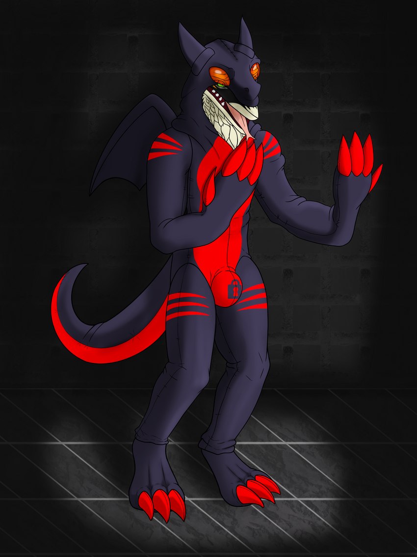 3_toes 4_fingers black_body black_fur bulge chastity_bulge chastity_device countershade_face countershading feet fingers fur green_eyes lock_symbol male membrane_(anatomy) membranous_wings pink_tongue plushie suited tail tapering_tail toes tongue wings zur livira sergal 3:4 hi_res shaded soft_shading