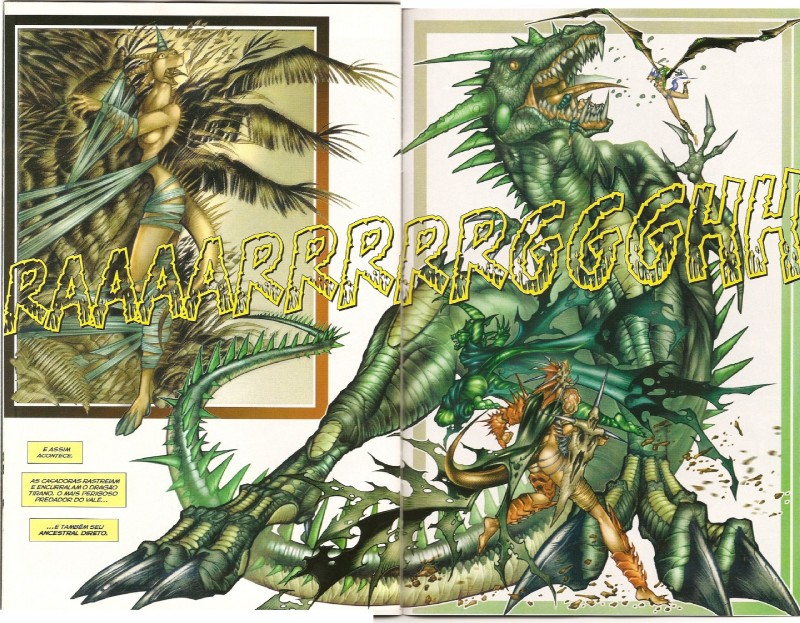 anthro armor bound breasts claws clothed clothing female feral fight flying group horn membrane_(anatomy) membranous_wings non-mammal_breasts open_mouth size_difference skimpy tail text tongue tongue_out wings andre_vazzios lua_dos_dragoes mythology dragon mythological_creature mythological_scalie scalie 1998 comic portuguese_text translated