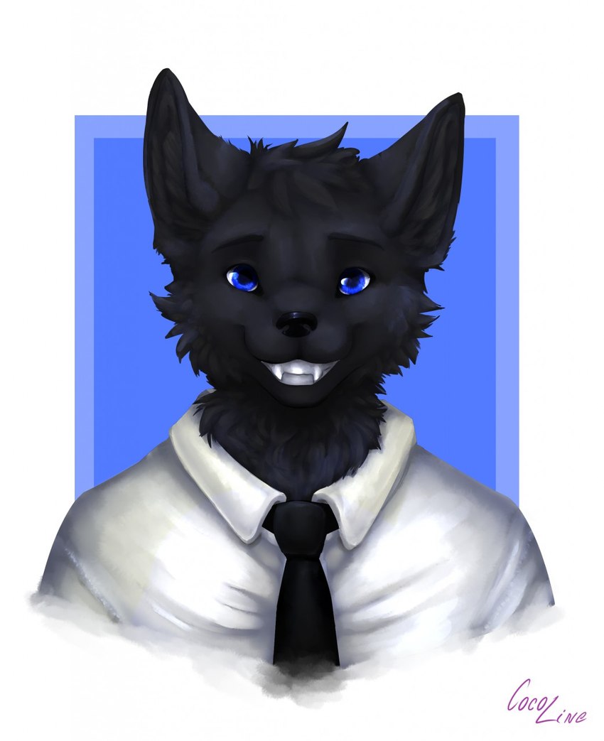 anthro black_body black_ears black_fur black_necktie black_nose blue_eyes clothed clothing fur looking_at_viewer male necktie shirt simple_background smile smiling_at_viewer solo teeth topwear white_clothing white_shirt white_topwear cocoline_(artist) black_wolf57 canid canine mammal digital_media_(artwork) hi_res