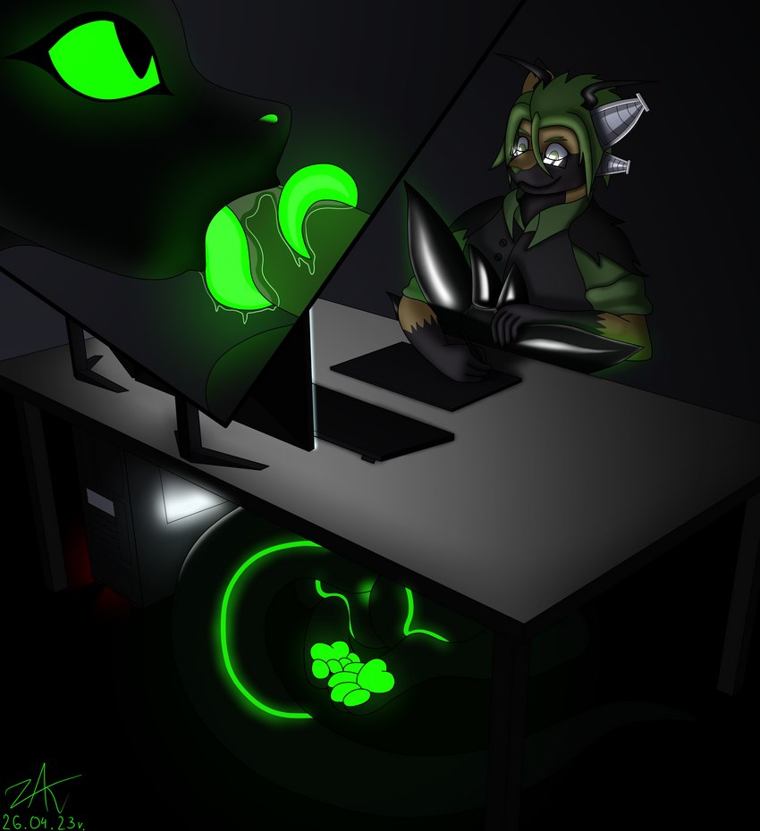 anthro black_body computer drawing_tablet duo electronics glistening glistening_body glowing glowing_eyes glowing_markings glowing_pawpads green_eyes green_pawpads latex long_tongue male male/male markings oral pawpads tail tongue under_table zaks mythology zaks_(character) chimera dragon latex_creature living_latex luceiry mythological_creature mythological_scalie scalie absurd_res hi_res