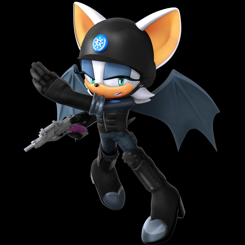 anthro armor black_clothing black_gloves black_handwear blue_eyes body_armor clothing eyeshadow female footwear fur gloves gun handwear high_heels makeup ranged_weapon shoes solo uniform weapon white_body white_fur wings nibroc-rock sega sonic_the_hedgehog_(series) rouge_the_bat bat mammal 1:1 absurd_res alpha_channel hi_res