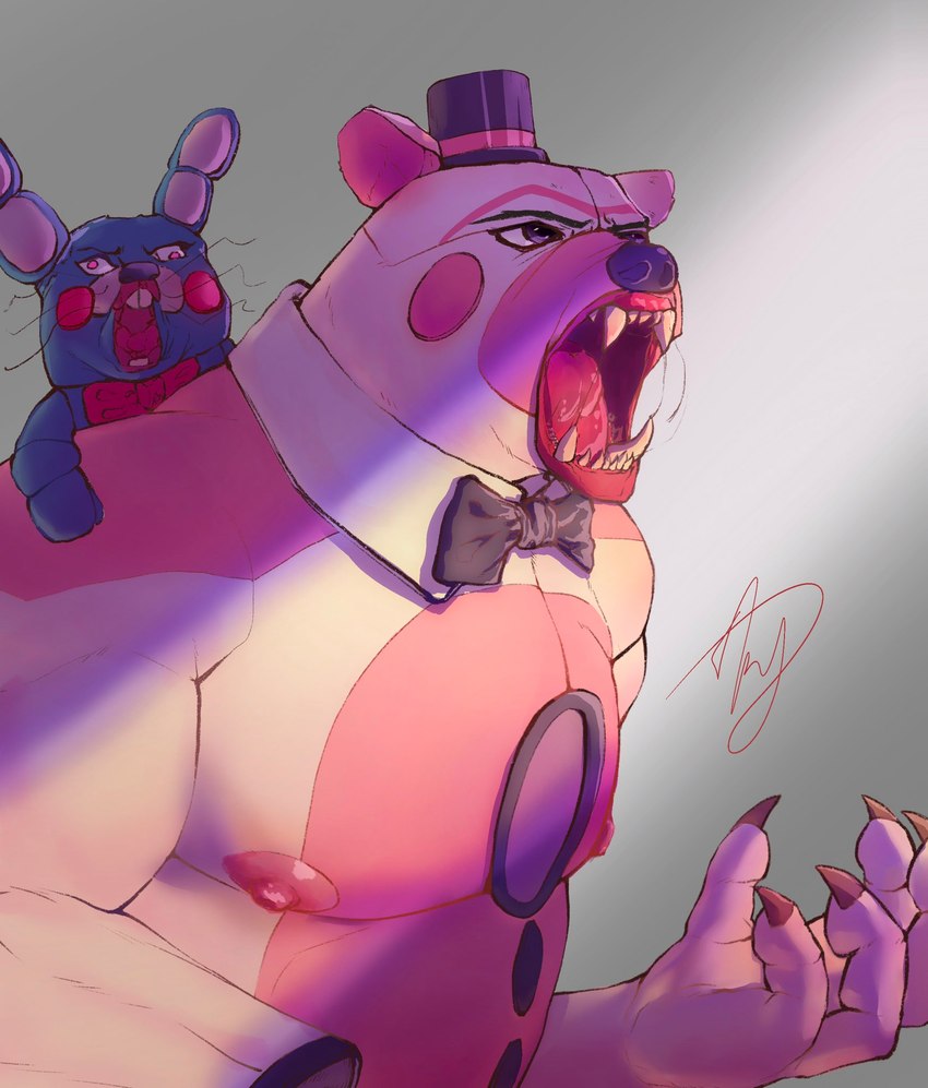 anthro areola blue_body blush blush_stickers bodily_fluids bow_tie buckteeth claws clothing duo eyebrows finger_claws hat headgear headwear machine male male/male moobs musclegut muscular nipples open_mouth pink_body purple_eyes saliva screaming sharp_teeth teeth tongue top_hat whiskers white_body badbadsky five_nights_at_freddy's scottgames sister_location funtime_freddy_(fnafsl) puppet_bonnie_(fnafsl) animatronic bear lagomorph leporid mammal rabbit robot 2022 digital_media_(artwork) hi_res signature