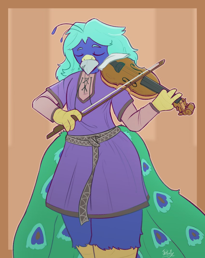 bowed_string_instrument medieval_clothing musical_instrument playing_music playing_violin solo string_instrument violin jintally avian bird galliform peafowl phasianid hi_res