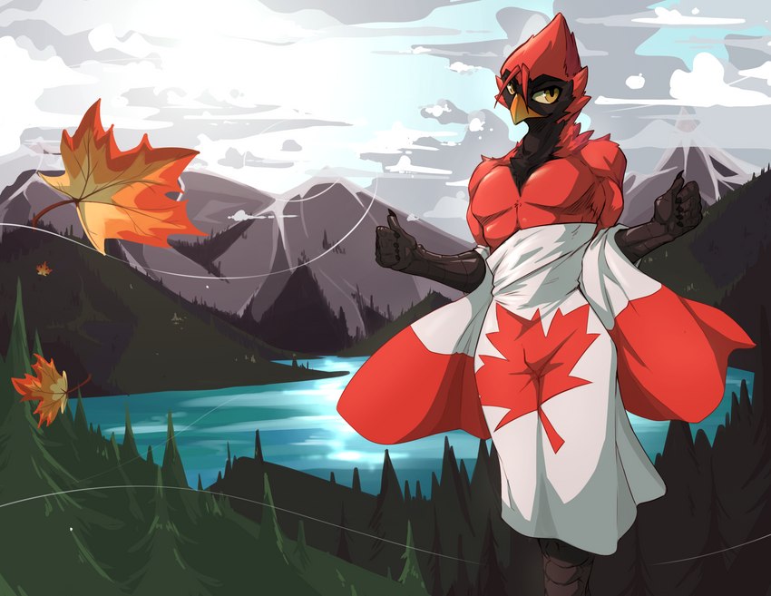 anthro beak canada canadian_flag feathers flag flag_(object) lake landscape male maple_leaf outside plant sky solo tree water chalk_outline phnod avian bird cardinal_(bird) northern_cardinal oscine passerine absurd_res clip_studio_paint_(artwork) digital_media_(artwork) hi_res