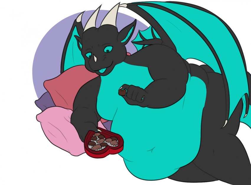 3_horns 5_fingers anthro arm_support belly big_belly black_body black_scales black_tail blue_eyes blue_inner_ear blue_tongue blue_wings box_of_chocolates candy chest_tuft chocolate claws dessert facial_horn fat_arms featureless_chest finger_claws fingers food heart_box holding_box_of_chocolates holding_candy holding_chocolate holding_food holding_object holidays horn leaning_on_elbow lying male membrane_(anatomy) membranous_wings moobs multi_horn multicolored_body multicolored_scales navel nose_horn nude_anthro nude_male obese obese_anthro obese_male on_back overweight overweight_anthro overweight_male pillow pink_pillow purple_pillow red_pillow scales simple_background solo tail thick_thighs thin_eyebrows tongue tuft two_tone_body two_tone_scales white_claws white_horn wing_claws wings theannoyingnpc european_mythology mythology valentine's_day xelereth dragon mythological_creature mythological_scalie scalie western_dragon winged_dragon 2021 digital_drawing_(artwork) digital_media_(artwork) english_description flat_colors