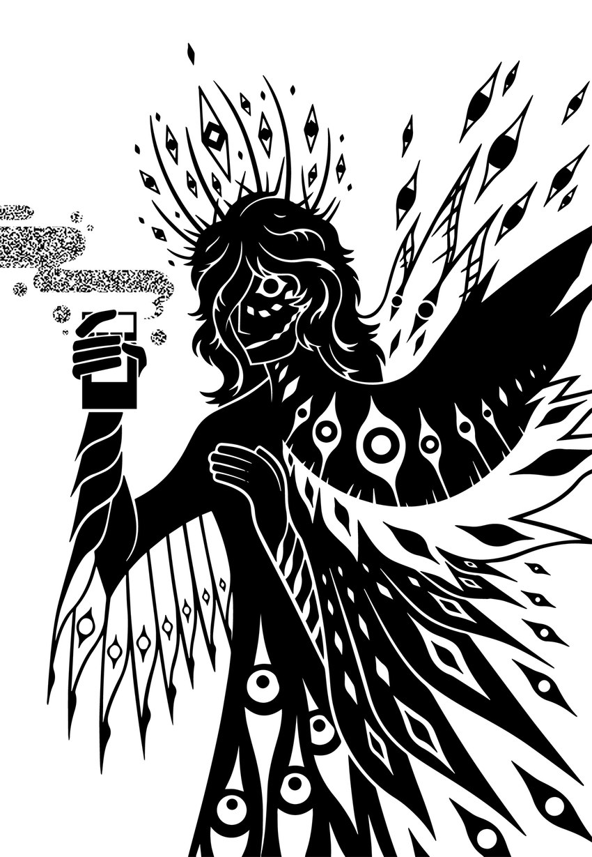 ambiguous_gender feathered_wings feathers hair humanoidized multi_eye not_furry solo static tape_recorder wings sunnyclockwork the_magnus_archives jonathan_sims beholding_(tma) biblically_accurate_angel humanoid hi_res monochrome