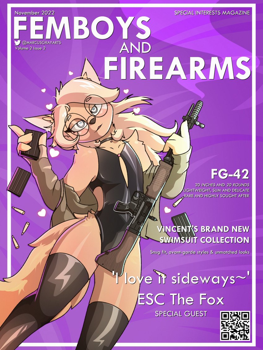 4_fingers anthro black_clothing black_swimwear blonde_hair choker clothed clothing crossdressing eyewear femboy fg-42 fingers fur glasses gun hair heart_symbol holding_gun holding_object holding_ranged_weapon holding_rifle holding_weapon jacket jewelry latex latex_clothing latex_legwear latex_thigh_highs legwear leotard looking_at_viewer magazine_(gun) male male_anthro necklace qr_code ranged_weapon rifle round_glasses shell_(projectile) solo swimwear tan_body tan_fur text thigh_highs topwear weapon marcus_gray esc_the_fox canid canine mammal 2022 3:4 cover english_text hi_res magazine_cover