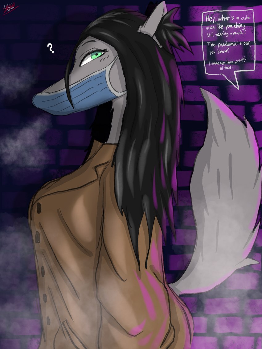 anthro black_hair brick_background brick_wall clothed clothing coat curvy_figure face_mask female fluffy fluffy_tail fur furgonomics green_eyes hair inner_ear_fluff long_hair looking_at_viewer question_mark steam tail topwear trenchcoat tuft wall_(structure) white_body white_fur drow462 asian_mythology east_asian_mythology japanese_mythology mythology megumi_(word360) canid canine fox ghost kuchisake-onna mammal onryo spirit yokai 3:4 hi_res