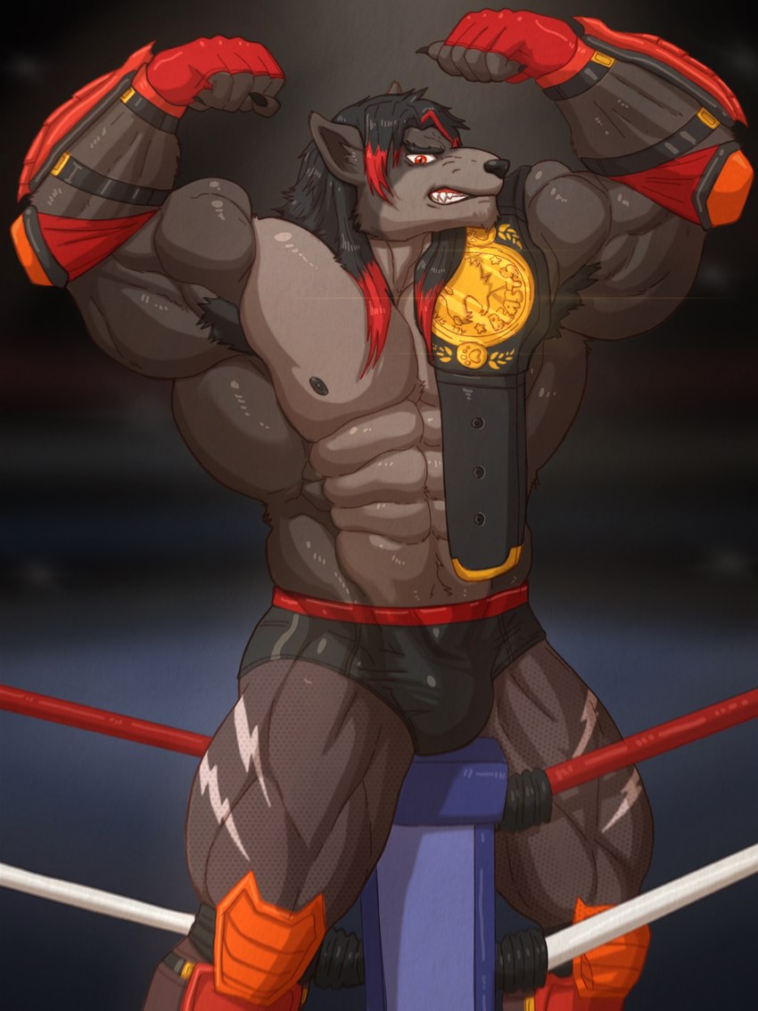 abs anthro armpit_hair biceps big_muscles black_body black_claws black_fur black_hair black_nose body_hair bulge championship_belt claws clothed clothing feet fighting_ring finger_claws fingerless_gloves flexing flexing_bicep flexing_both_biceps fur gloves hair handwear highlights_(coloring) humanoid_feet humanoid_hands legwear long_hair looking_at_viewer male muscular muscular_anthro muscular_male pecs plantigrade pose red_eyes red_highlights rope solo tight_clothing tights toes topless wrestler yecow mike_lycaon canid canine canis mammal wolf 2020 absurd_res hi_res